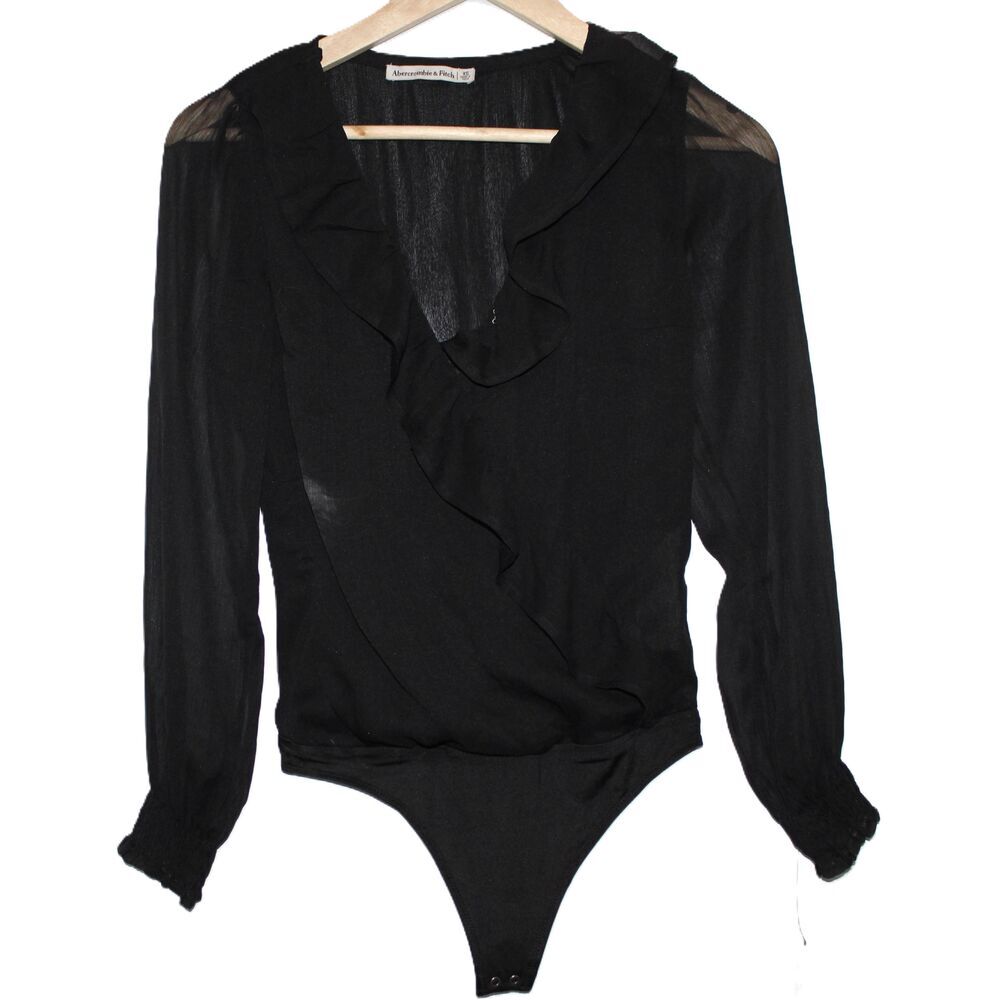 Womens Abercrombie & Fitch Black Sheer Long Sleeve V-Neck Bodysuit Black Size XS